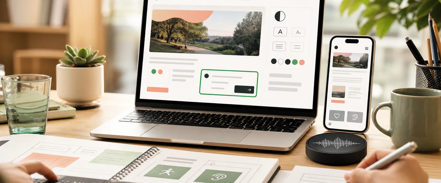 Accessible consultation interface with contrast controls, text sizing, mobile layout and assistive input cues