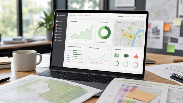 Real-time consultation analytics dashboard with charts, participation metrics and map heat spots
