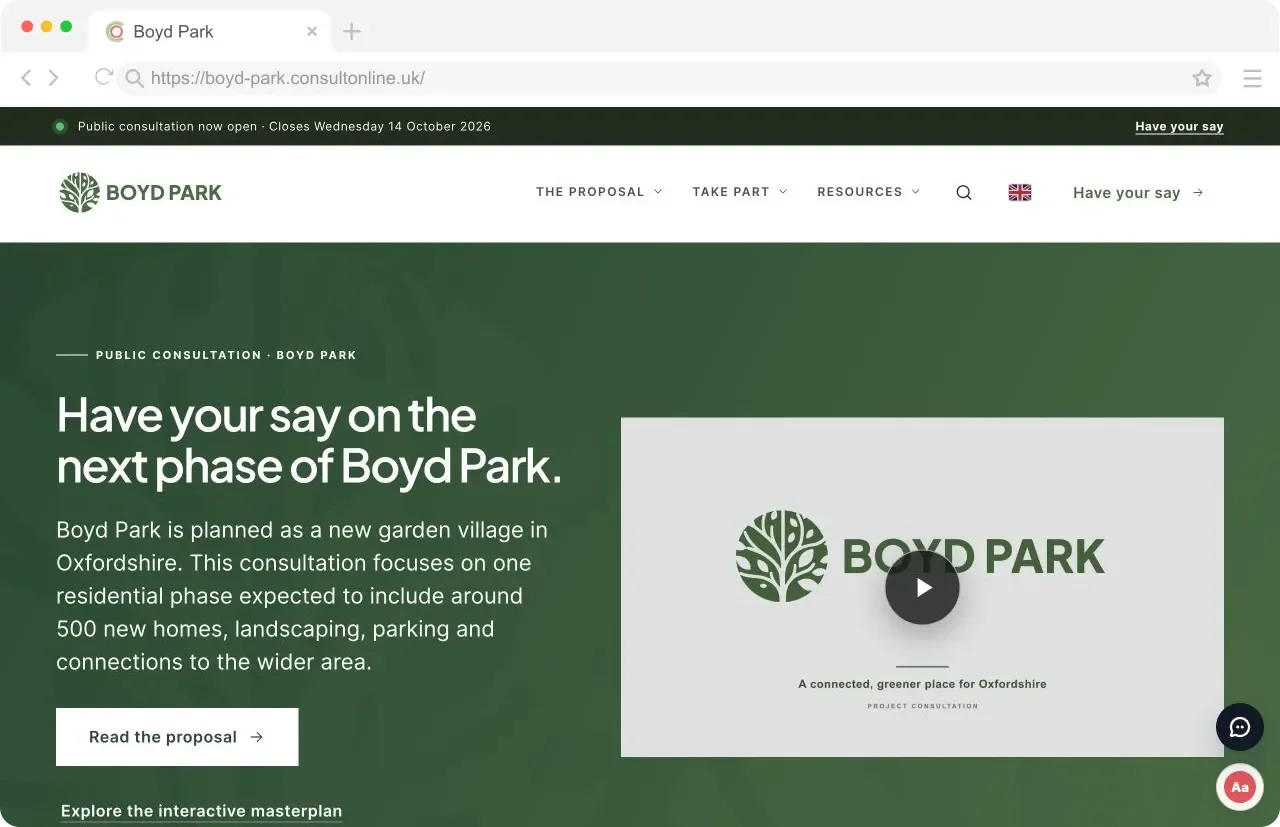 Boyd Park consultation homepage with the proposal and have-your-say links